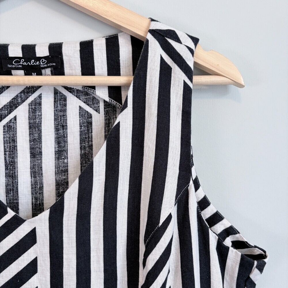 Charlie B Shift Dress Linen Striped Sleeveless Knee Length Tan Black Women’s M - Picture 6 of 11